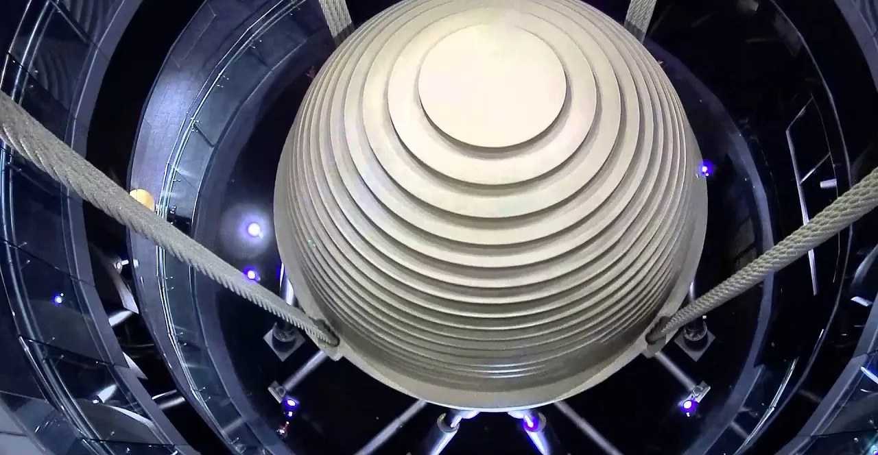 Taipei 101 tuned mass damper suspended on steel cables