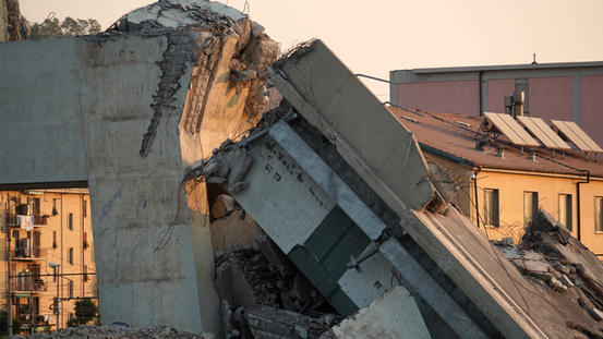 Collapsed section of the Morandi bridge in Genoa, 2018
