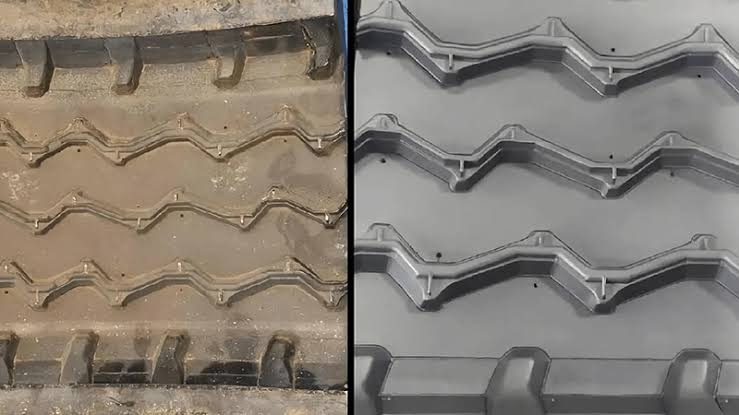Before and after laser cleaning: tire mold with rubber residue on the left, laser-cleaned mold on the right