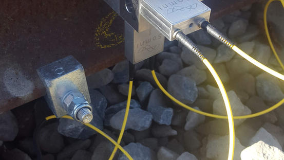 Close-up of fiber optic accelerometers mounted on the rail