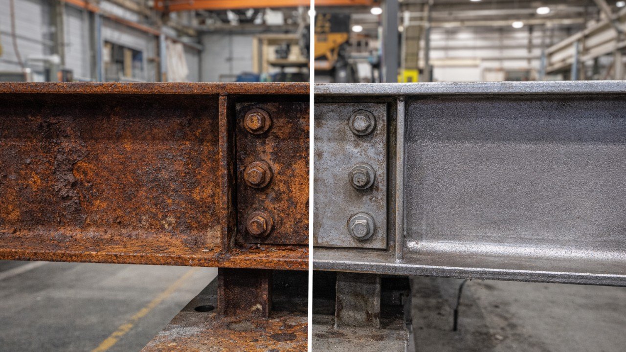 Before and after laser cleaning: corroded steel I-beam on the left, laser-cleaned beam on the right